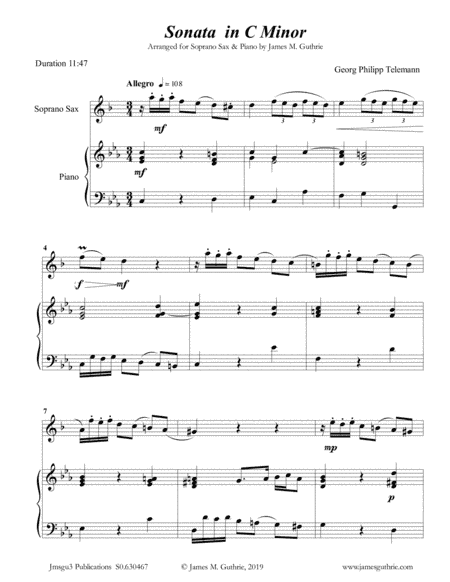 Telemann: Sonata in C Minor for Soprano Sax & Piano (arr. James M. Guthrie, ASCAP)