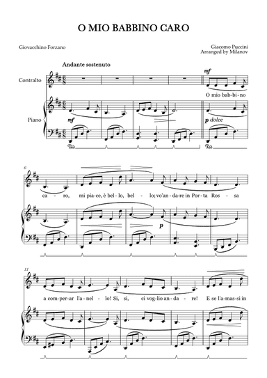 O Mio Babbino Caro | Female Voice Contralto | D Major | Piano accompaniment | Pedal (arr. Milanov)