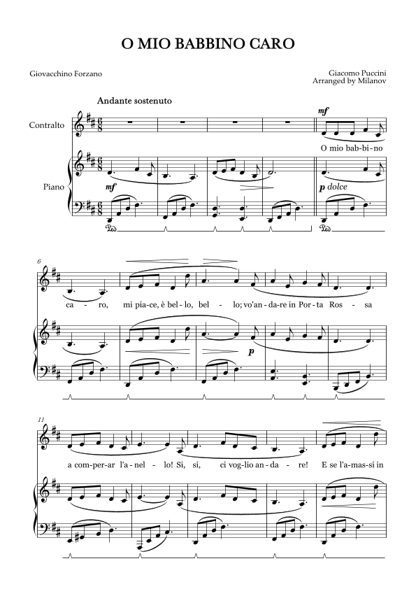 O Mio Babbino Caro | Female Voice Contralto | D Major | Piano accompaniment | Pedal (arr. Milanov)