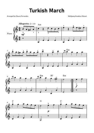 Turkish March by Mozart - Easy Piano with Chords (arr. Glauco Fernandes)