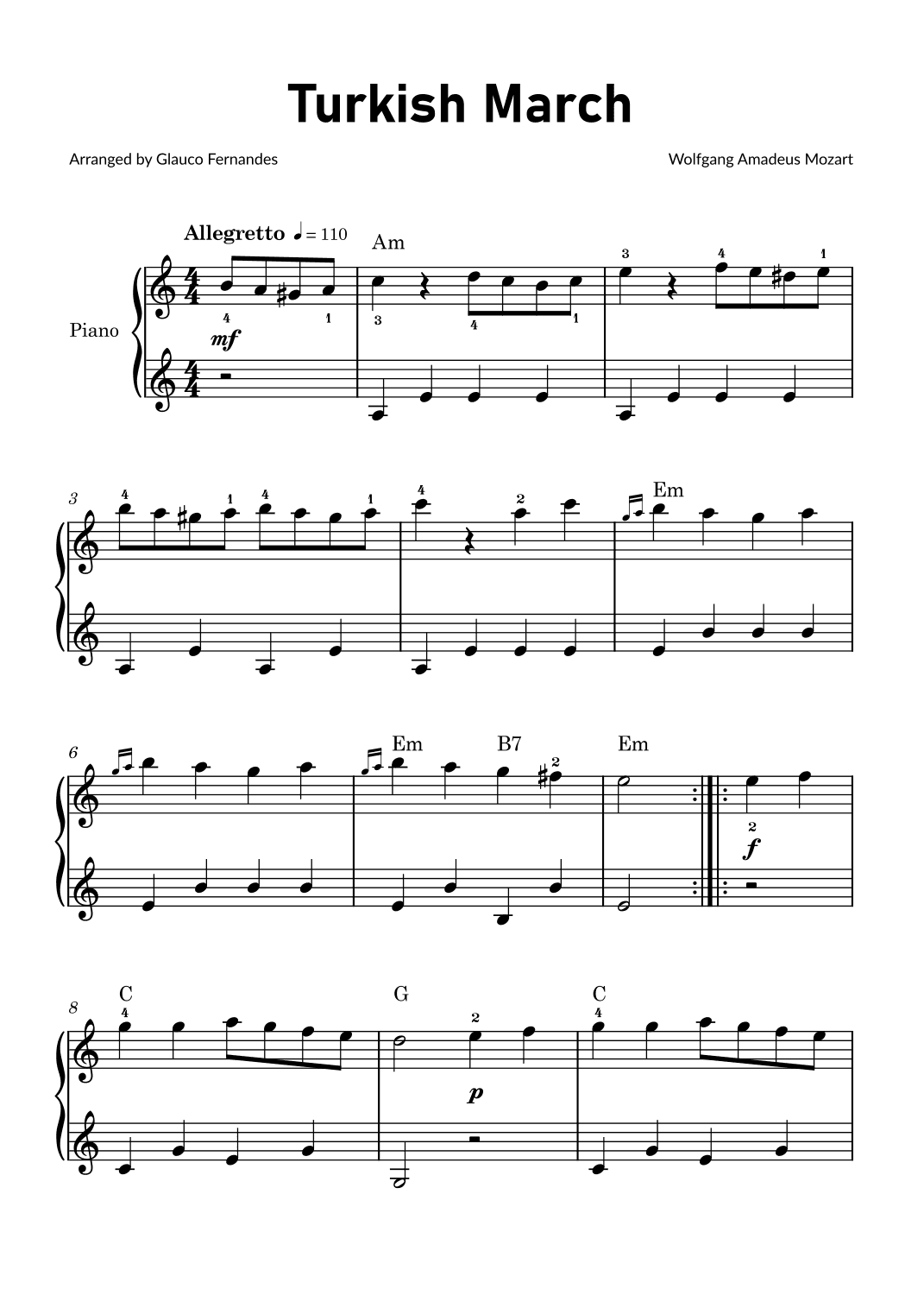 Turkish March by Mozart - Easy Piano with Chords (arr. Glauco Fernandes)