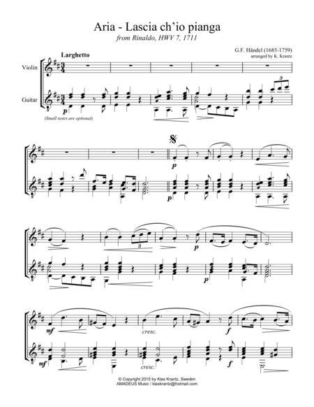 Aria - Lascia ch'io pianga for violin and guitar (arr. K. Krantz)