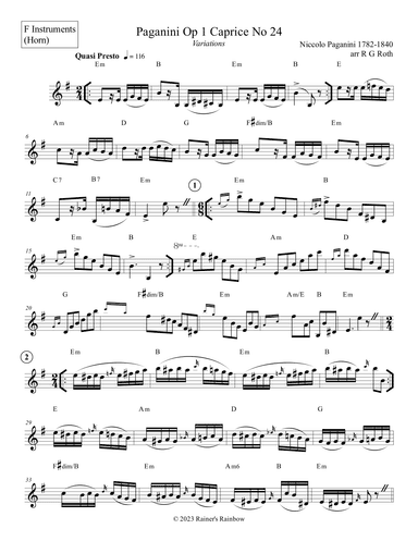 Paganini Op 1 Caprice No 24 Variations For Solo English Horn or Oboe (arr. R G Roth)