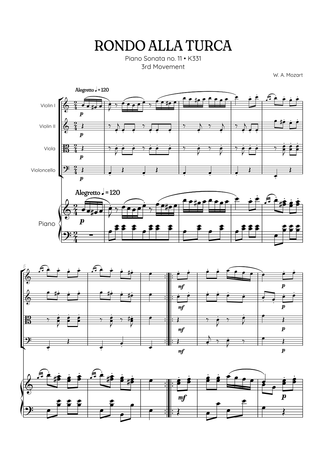 Rondo Alla Turca (Turkish March) |  String Quartet sheet music with piano accompaniment (arr. Benzaiten Editions)