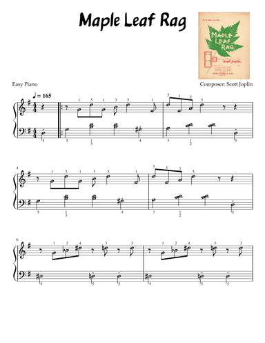 Maple Leaf Rag - Scott Joplin | Simplified Piano Sheet Music Score Grade 4 Level with note names (arr. Published Harmony)