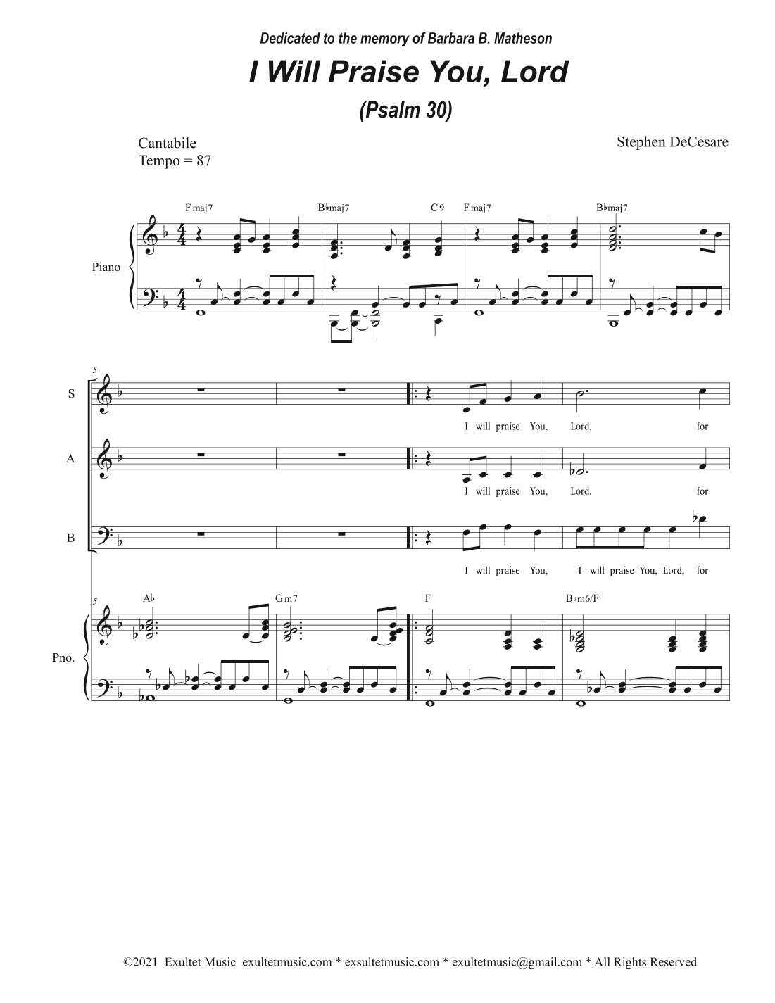 I Will Praise You, Lord (Psalm 30) (SAB)