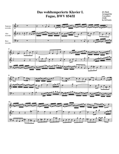 Fugue from Das wohltemperierte Klavier I, BWV 854/II (arrangement for 3 recorders) (arr. Gil Garty)