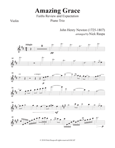 Amazing Grace (Piano Trio - Violin, Cello & Piano) Violin part (arr. Nick Raspa)