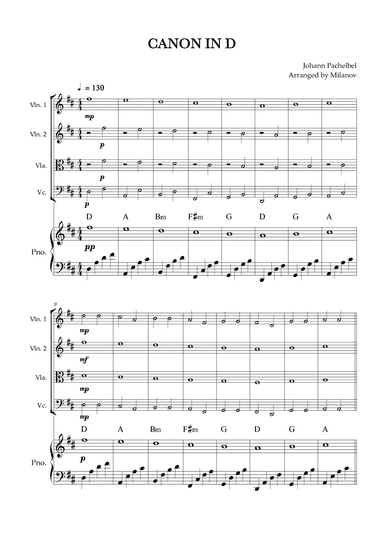 Canon in D | Pachelbel | String quartet | Piano accompaniment (arr. Milanov)