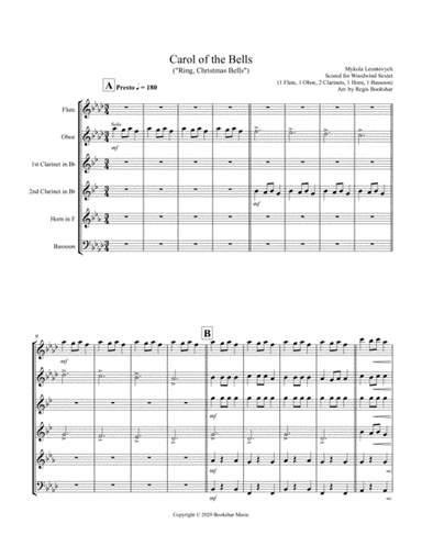 Carol of the Bells (F min) (Woodwind Sextet - 1 Flute, 1 Oboe, 2 Clar, 1 Hrn, 1 Bassoon) (arr. Regis Bookshar)