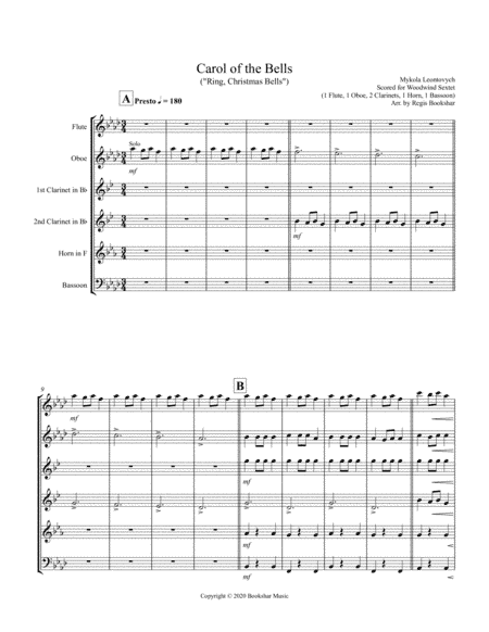Carol of the Bells (F min) (Woodwind Sextet - 1 Flute, 1 Oboe, 2 Clar, 1 Hrn, 1 Bassoon) (arr. Regis Bookshar)