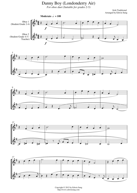 Danny Boy (Londonderry Air) (for oboe duet, suitable for grades 2-5) (arr. Edwin Sung)