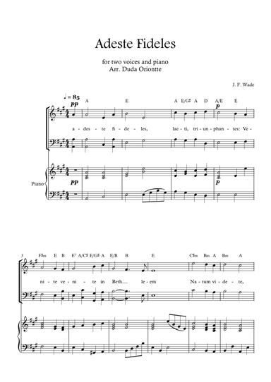 Adeste Fideles (two mixed voices - A major - 2 staffs - with piano - with chords) (arr. Duda Oriontte)