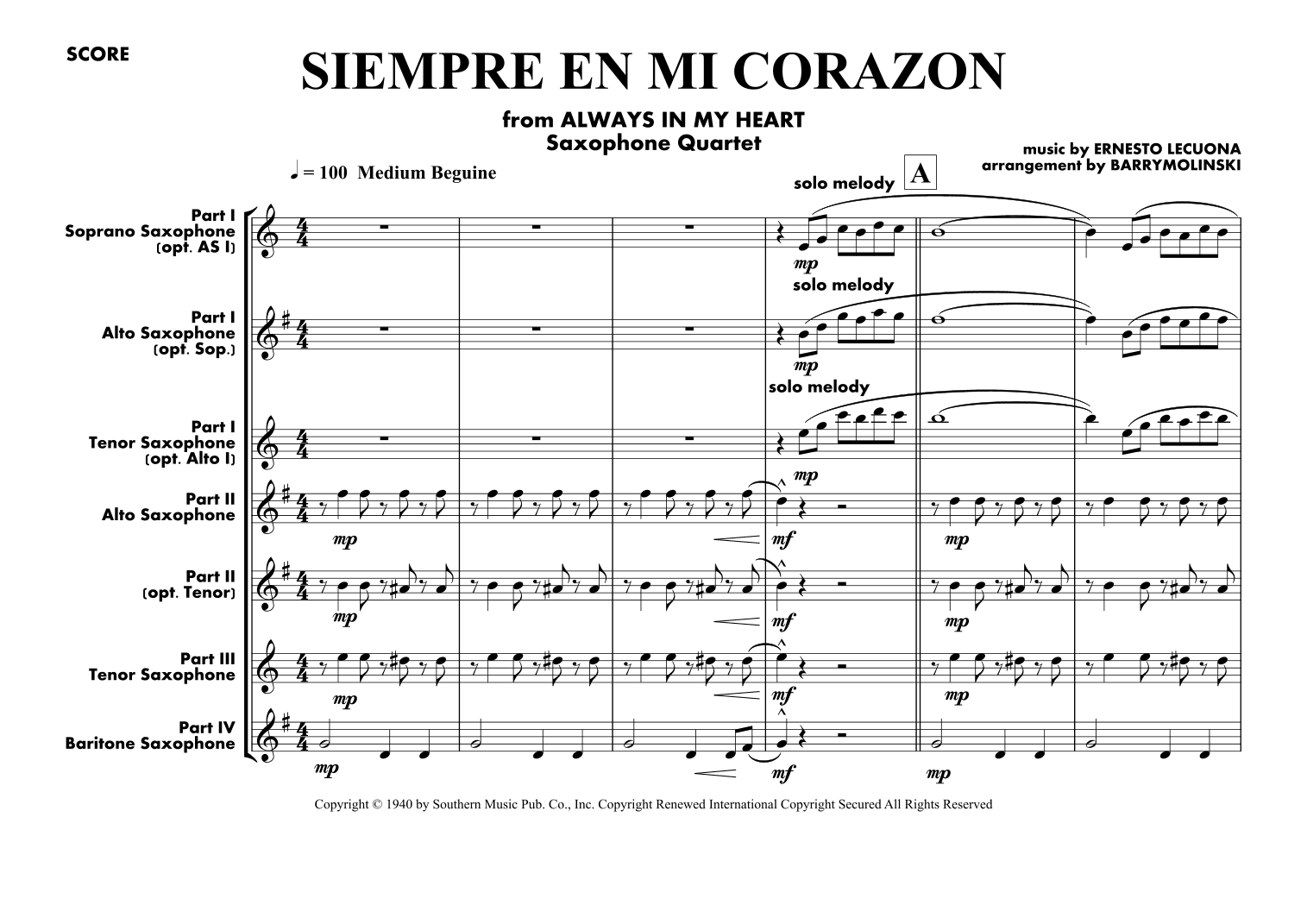 Always In My Heart (siempre En Mi Corazon) (arr. BARRY MOLINSKI)
