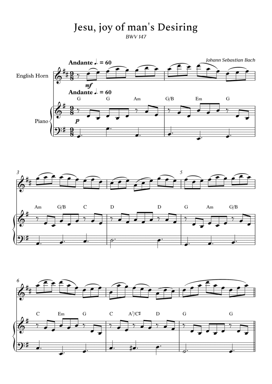 Jesu, Joy of Man's Desiring for English Horn and Piano (Arpeggios With Chords) - Score and Parts (arr. Cássio Silva Chaves)