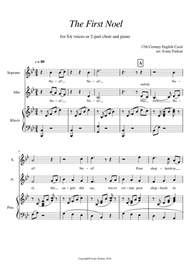 The First Noel for SA solo voices or 2 – part choir and piano. (arr. Ivana Tuskan)