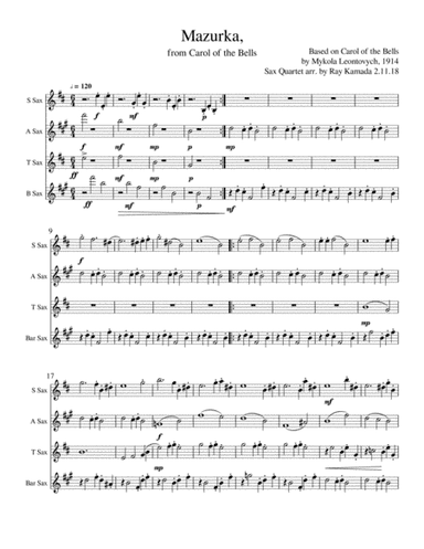 Mazurka for Sax Quartet, from Carol of the Bells (arr. Ray Kamada)