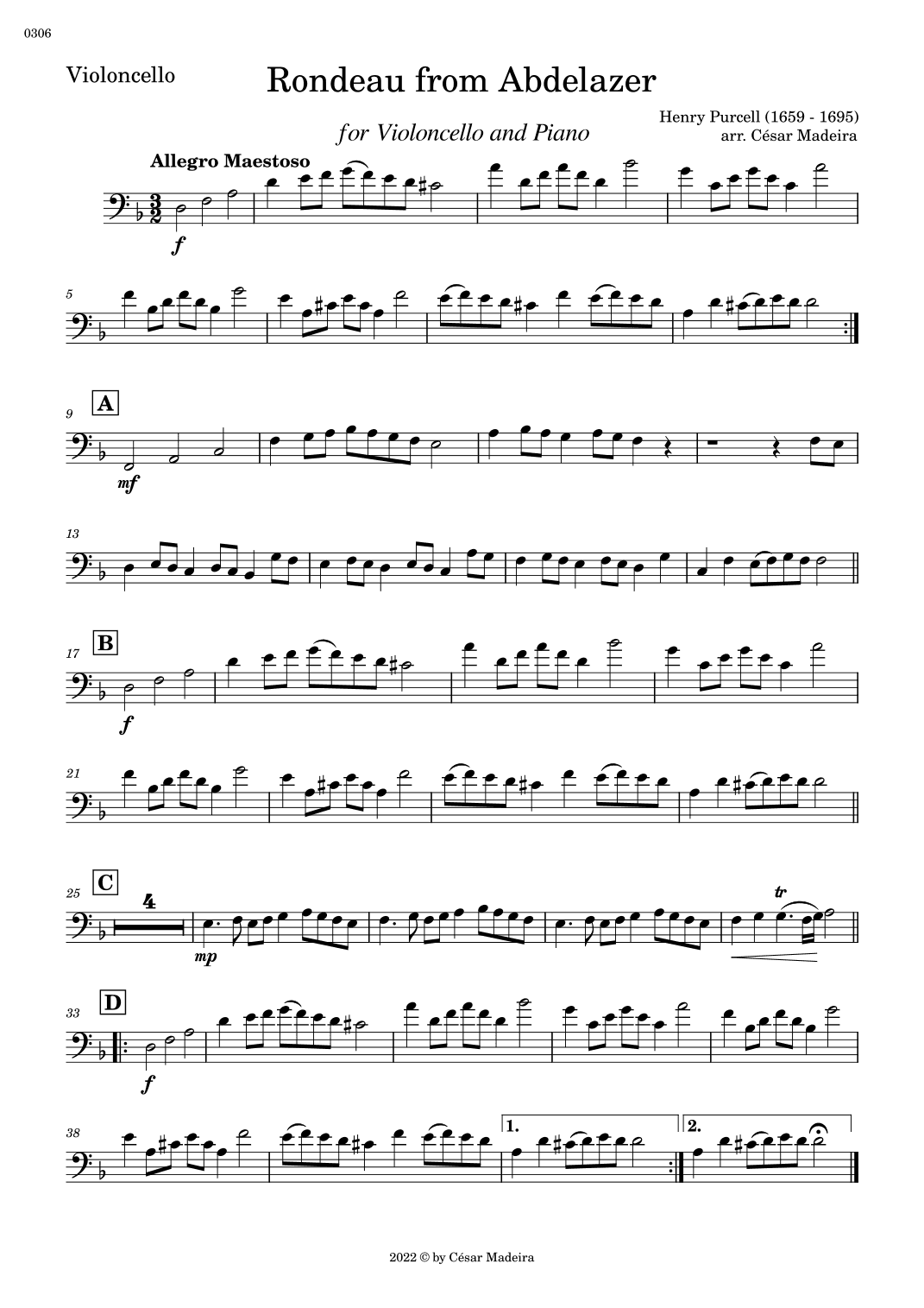 Rondeau from Abdelazer - Cello and Piano (Individual Parts) (arr. César Madeira)