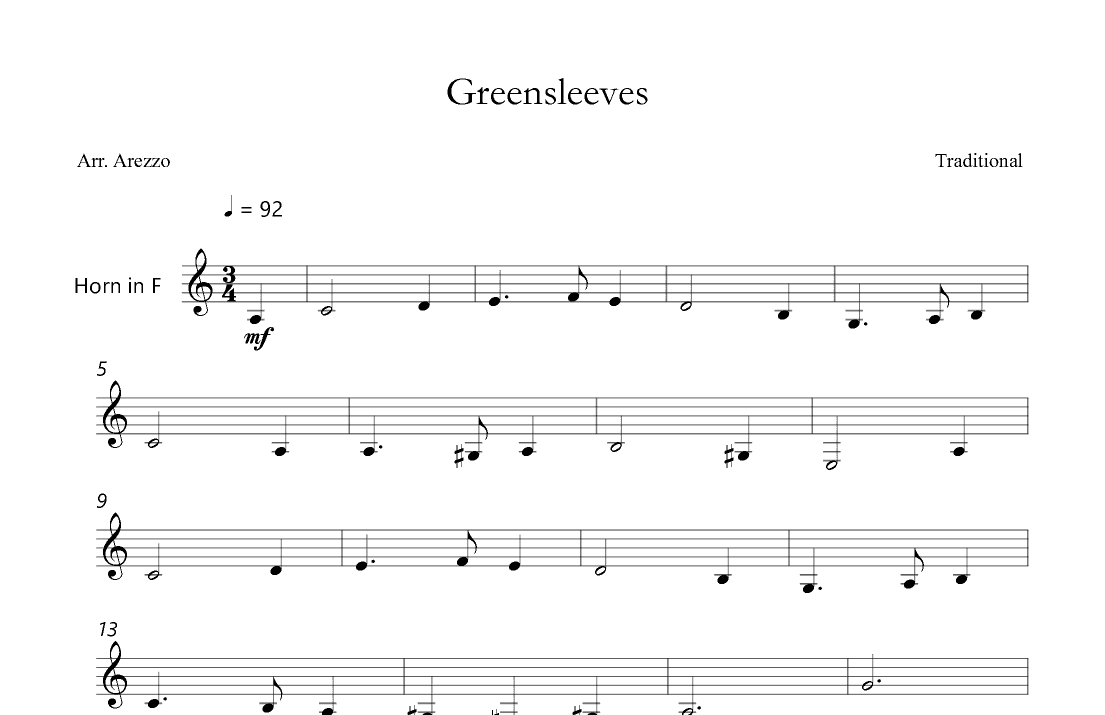 Greensleeves Lead Sheet for  Horn (arr. Arezzo Music)