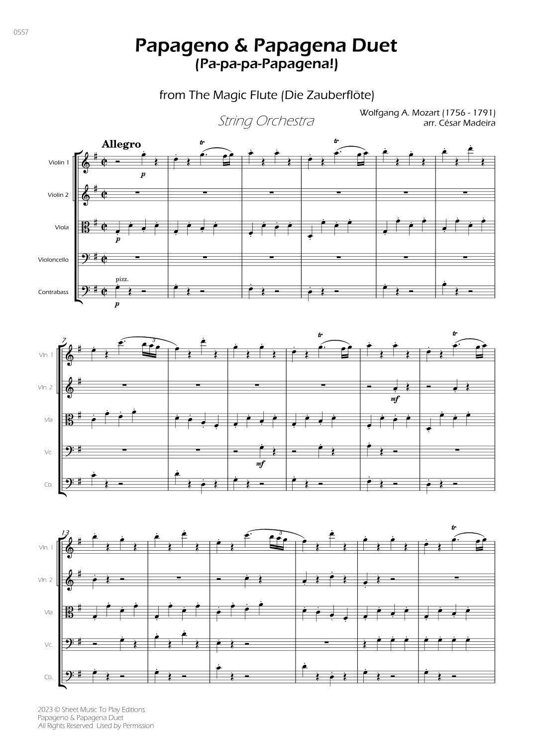 Papageno and Papagena Duet - String Orchestra (Full Score) - Score Only (arr. César Madeira)