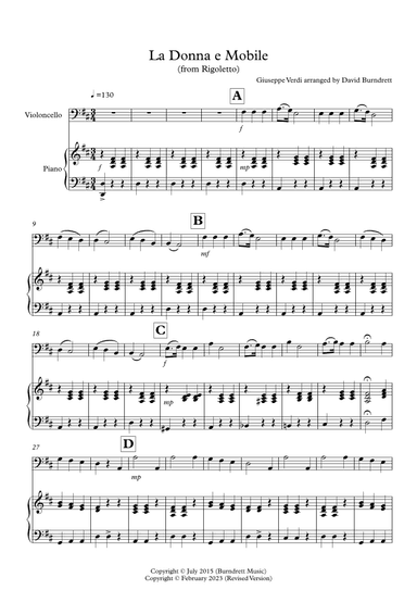 La Donna e Mobile (from Rigoletto) for Cello and Piano (arr. David Burndrett)