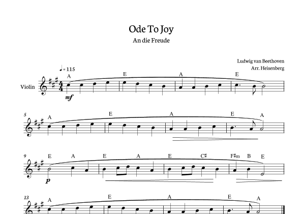 Beethoven - Ode to Joy for violin in A with chords. (arr. Heisenberg)