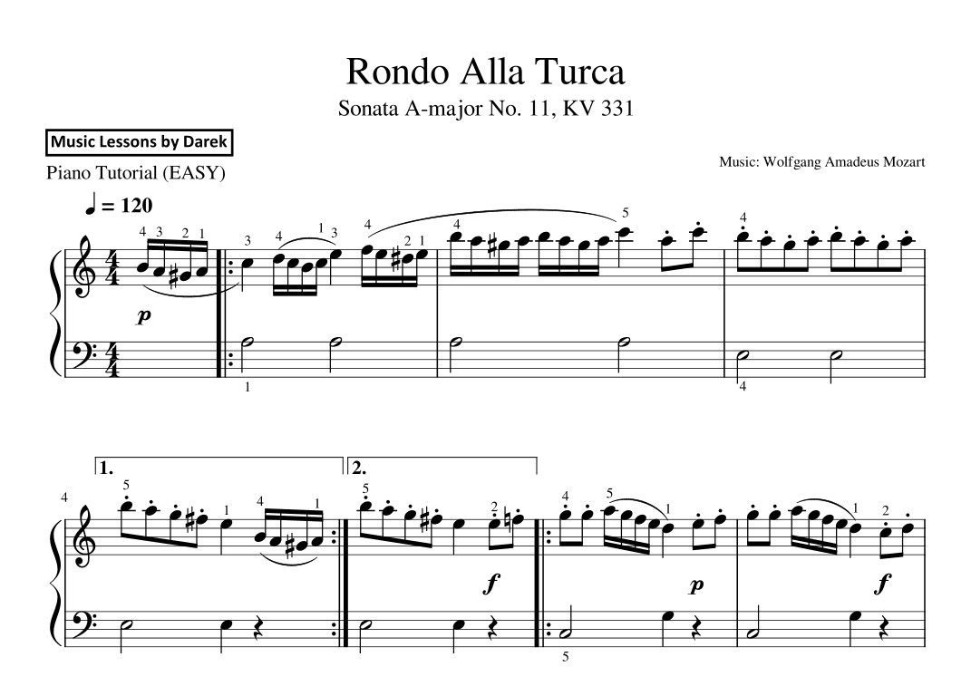 Rondo Alla Turca (EASY PIANO) Sonata A-major No. 11, KV 331 [Wolfgang Amadeus Mozart] (arr. Darek)