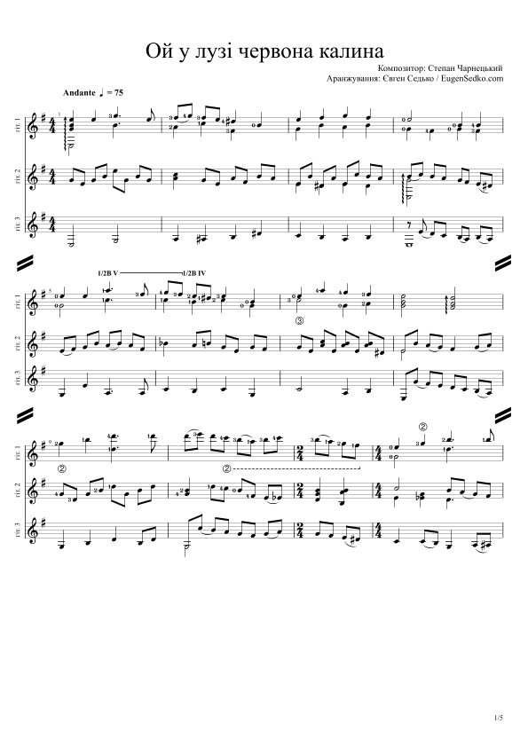 Ой у лузі червона калина (гітарне тріо)  / Hey Hey Rise Up - Score Only (arr. Eugen Sedko)