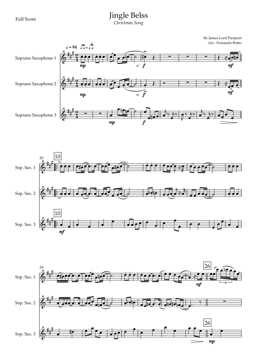 Jingle Bells - Jazz Version (Christmas Song) for Soprano Saxophone Trio (arr. Fernando Britto)