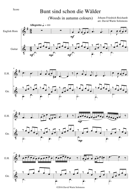 Bunt sind schon die Wälder (Woods in autumn colours) for cor anglais and guitar (arr. David Warin Solomons)