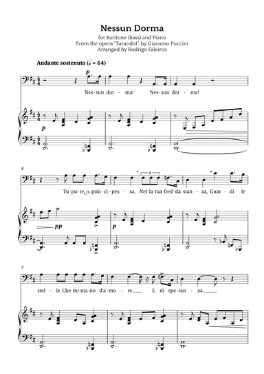 Nessun Dorma (for baritone or bass and piano) (arr. Rodrigo Faleiros)