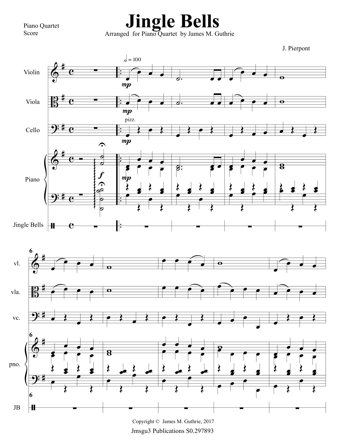 Jingle Bells for Piano Quartet (arr. James M. Guthrie, ASCAP)
