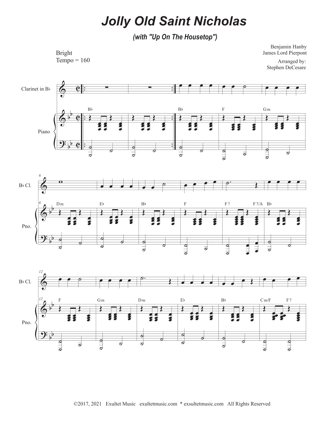 Jolly Old Saint Nicholas (with "Up On The Housetop") (Bb-Clarinet solo and Piano) (arr. Stephen DeCesare)
