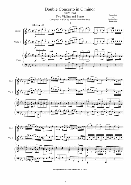 Bach - Double Concerto in C minor BWV1060 for Two Violins and Piano (arr. Santino Cara)