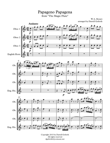 Papageno Papagena from "The Magic Flute" for 3 Oboes and English Horn (arr. Darrell Goforth)