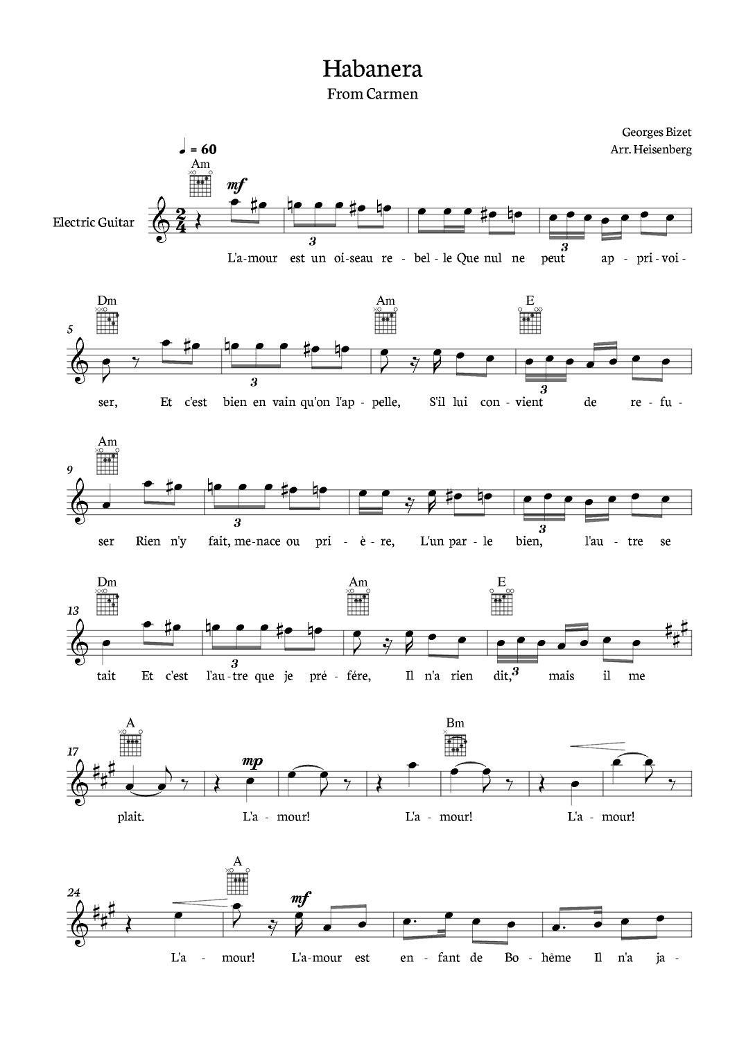 Habanera from Carmen for Eletric Guitar with chords. (arr. Heisenberg)