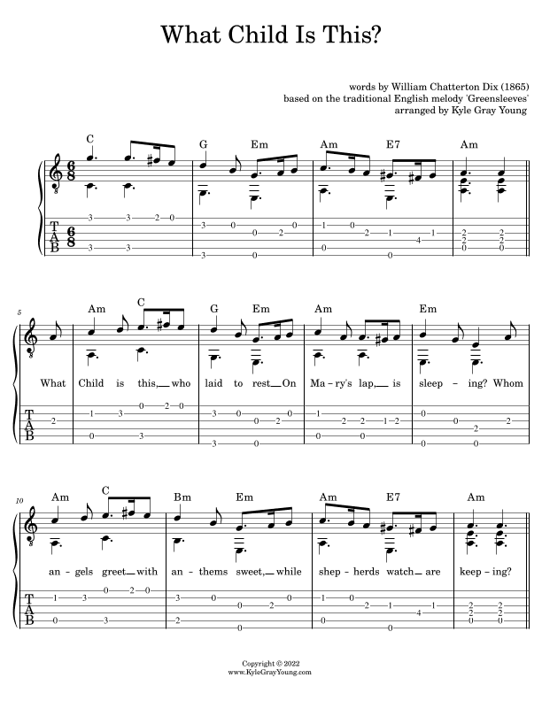 What Child Is This? (easy fingerstyle guitar tablature) (arr. Kyle Gray Young)