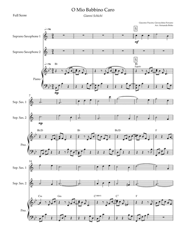 O Mio Babbino Caro (Puccini) for Soprano Saxophone Duo and Piano Accompaniment with Chords (arr. Fernando Britto)