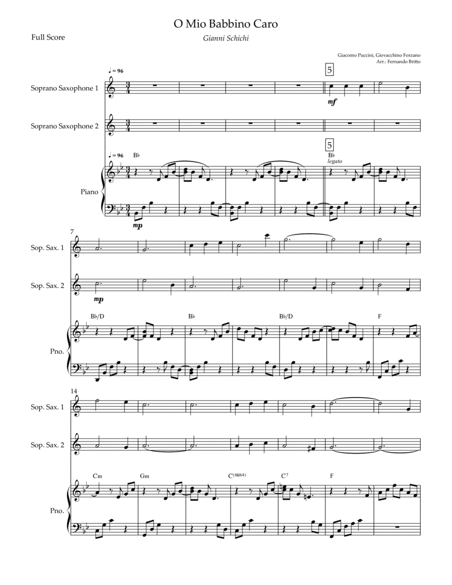 O Mio Babbino Caro (Puccini) for Soprano Saxophone Duo and Piano Accompaniment with Chords (arr. Fernando Britto)