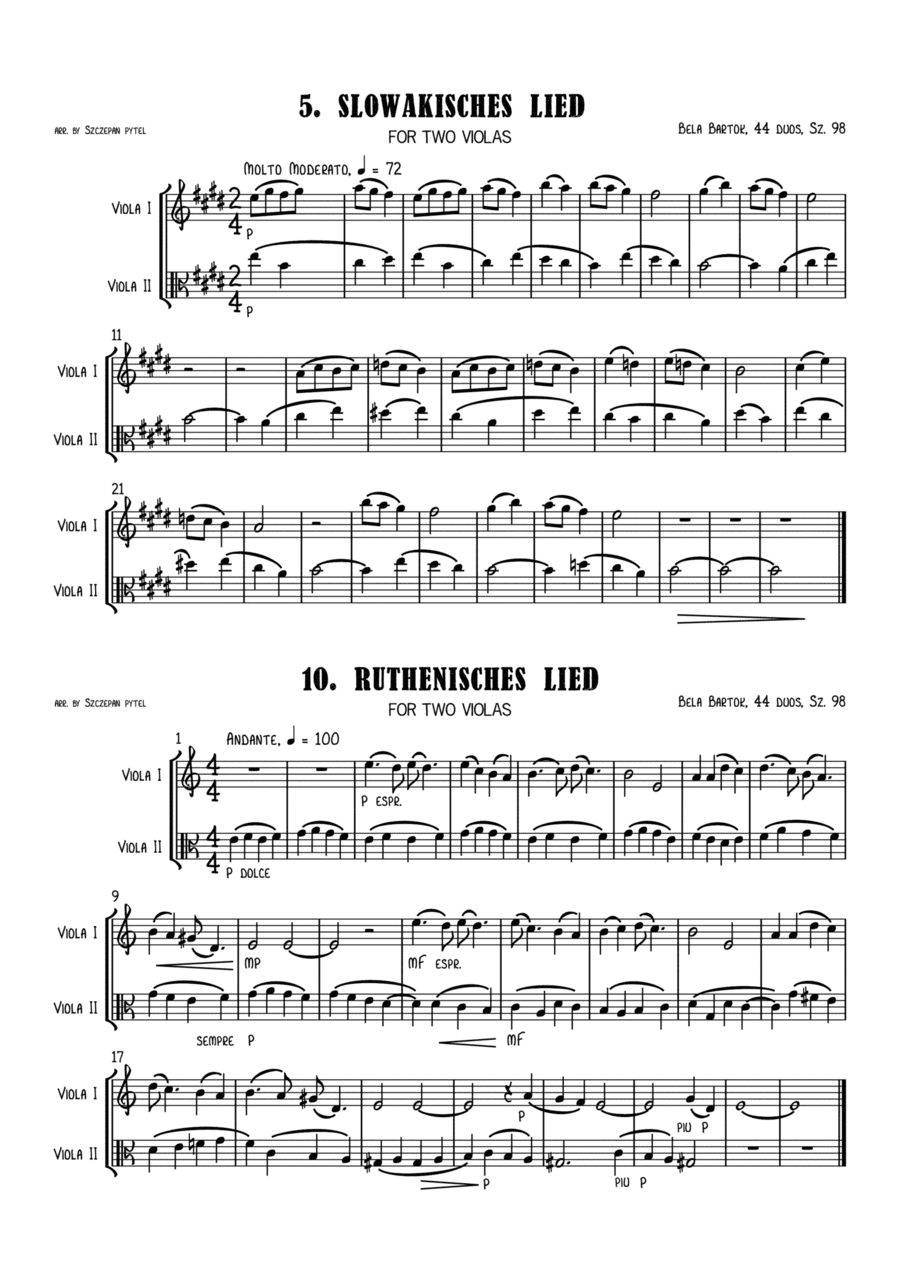 Bela Bartok 44 Duos for Two Violin, Sz. 98 arranged for 2 Violas (viola duet) or Violin & Viola by S (arr. Szczepan Pytel)