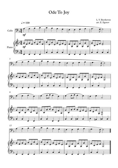 Ode To Joy, Ludwig Van Beethoven, For Cello & Piano (arr. Eugene Egorov)