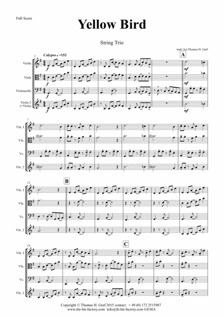 Yellow Bird - Haitian Folk Song - Calypso - String Trio (arr. Thomas H. Graf)
