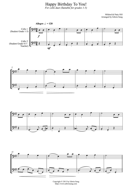 Happy Birthday To You! (for cello duet, suitable for grades 1-5) (arr. Edwin Sung)