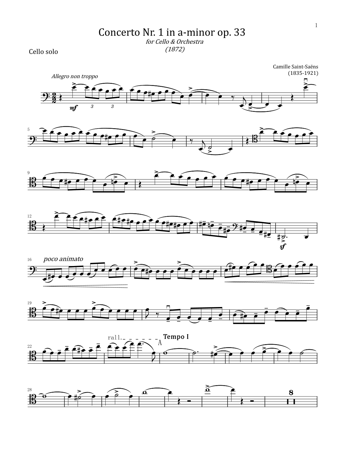 Saint-Saëns Cello Concerto No.1, Op.33 - For Cello Solo Original (arr. poon)