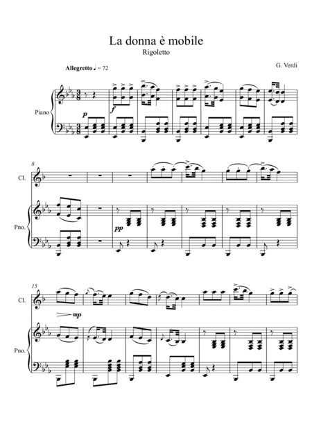 Giuseppe Verdi - La donna e mobile (Rigoletto) Clarinet Solo - Eb Key (arr. André Laitano)