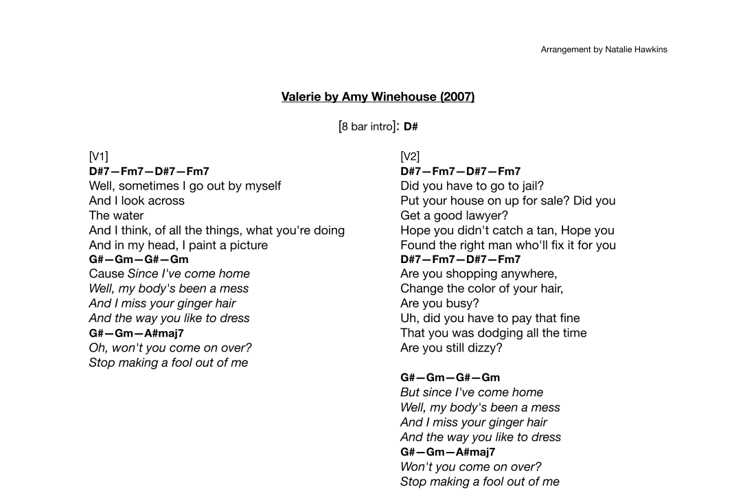Valerie (arr. Natalie Hawkins)