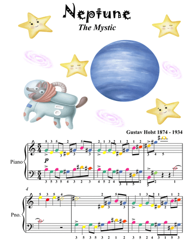 Neptune the Mystic Easy Piano Sheet Music with Colored Notes (arr. SilverTonalities)