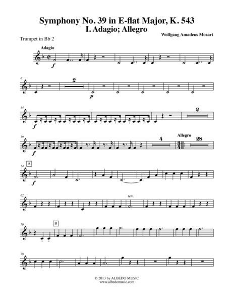 Mozart Symphony No. 39, Movement I - Trumpet in Bb 2 (Transposed Part), K. 543 (arr. Doug Clyde)