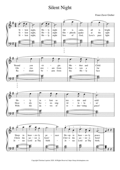 Silent Night Easy Piano Sheet Music Download with Lyrics in G Major (arr. Christina Lopriore)