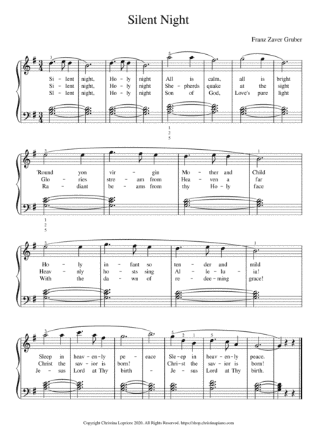 Silent Night Easy Piano Sheet Music Download with Lyrics in G Major (arr. Christina Lopriore)